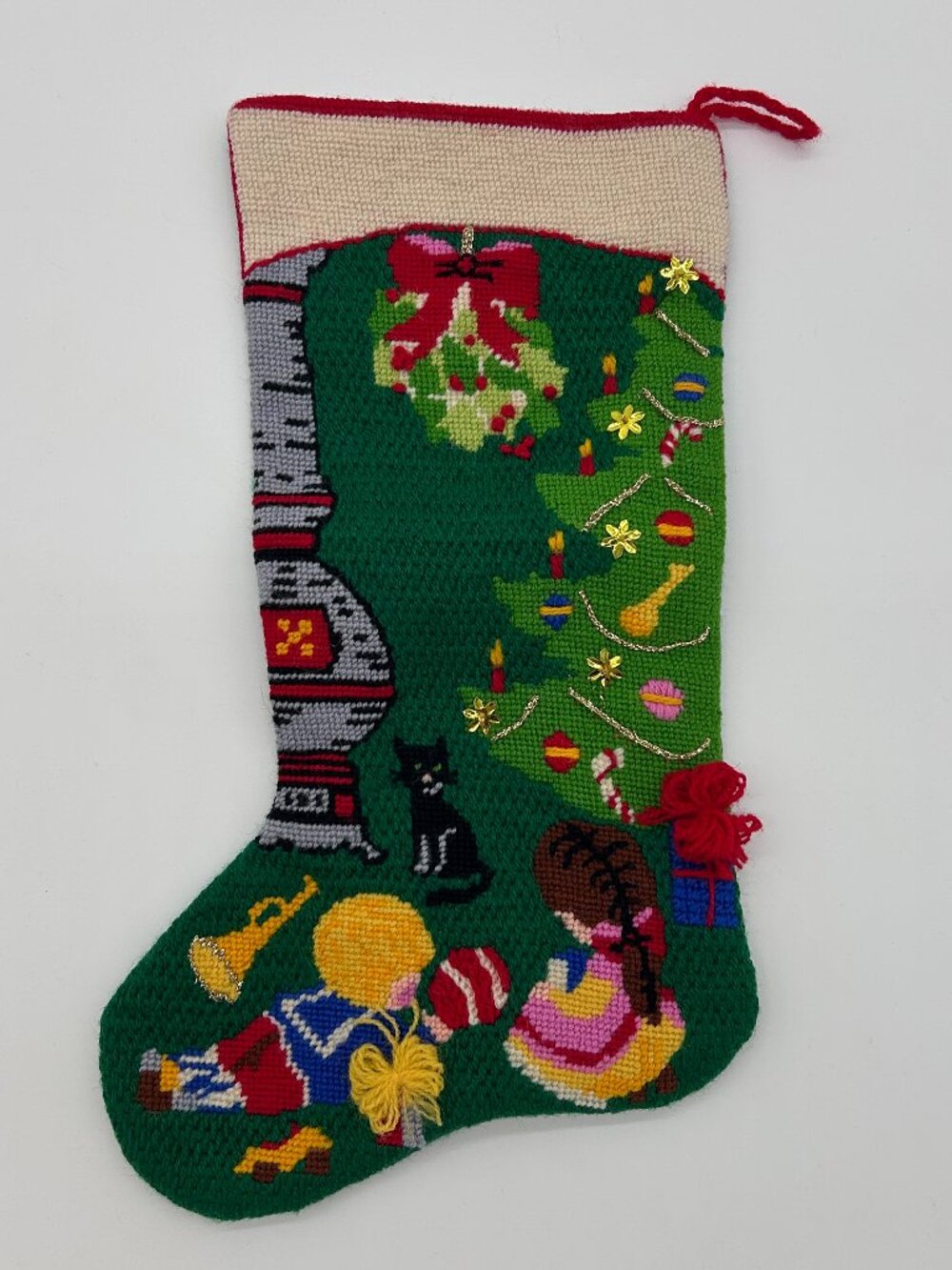 Vintage Wool Needlepoint‎ Santa Toys Christmas Tree Stocking Green Felt Back